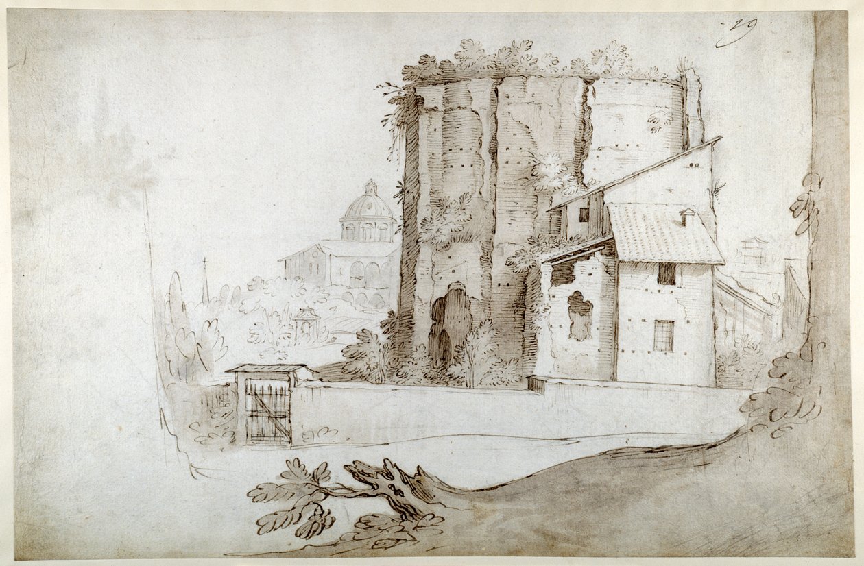 Romok a Celion az SS templommal. Giovanni e Paolo (toll és barna tinta szürke barna mosással fehér papíron) alkotó: Sebastian Vrancx