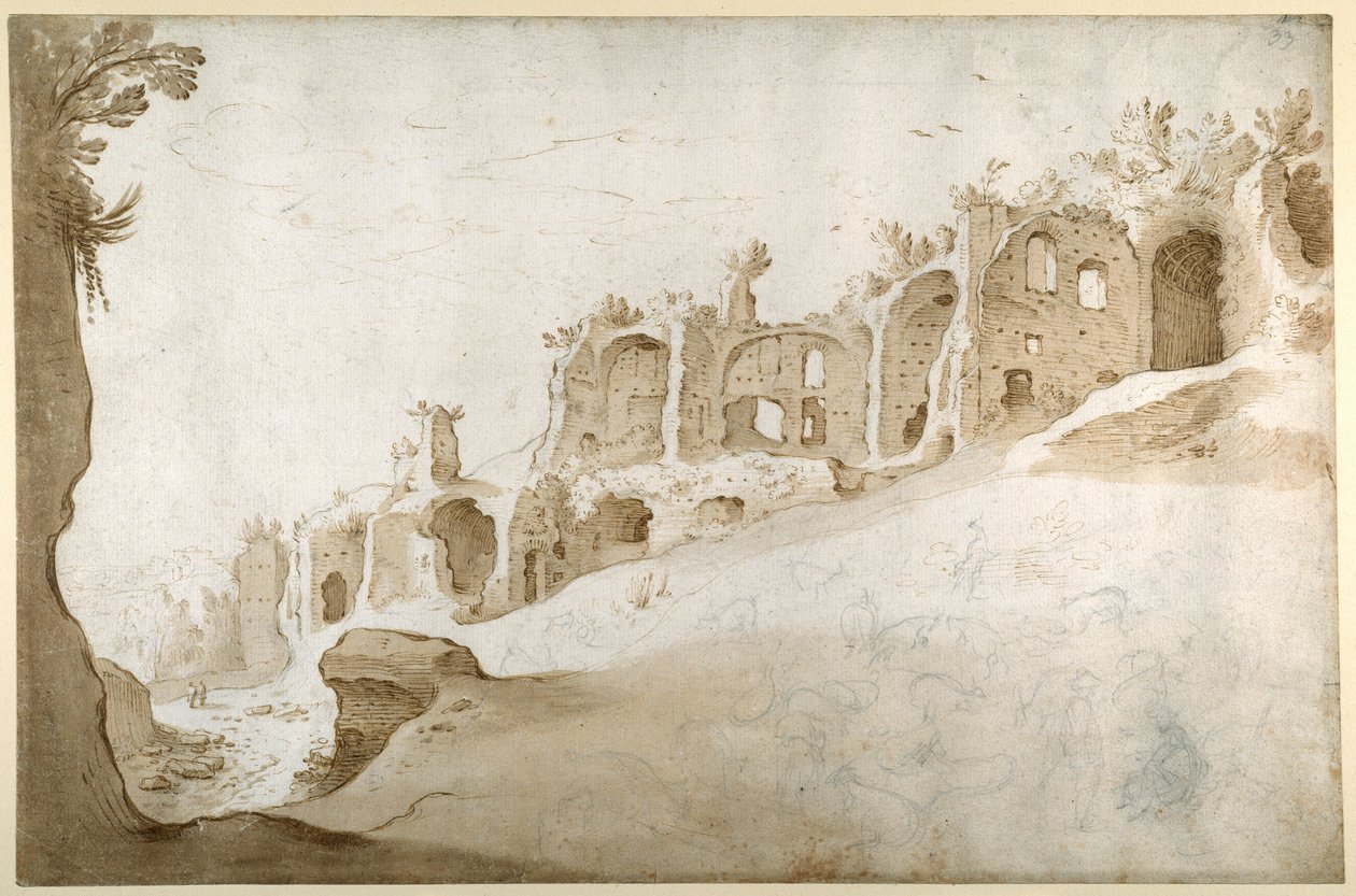 Romok a Palatinuson: Domus Augustanus és Septimius Severus palotája (toll és barna tinta barna mosással és fekete kréta fehér papíron) alkotó: Sebastian Vrancx