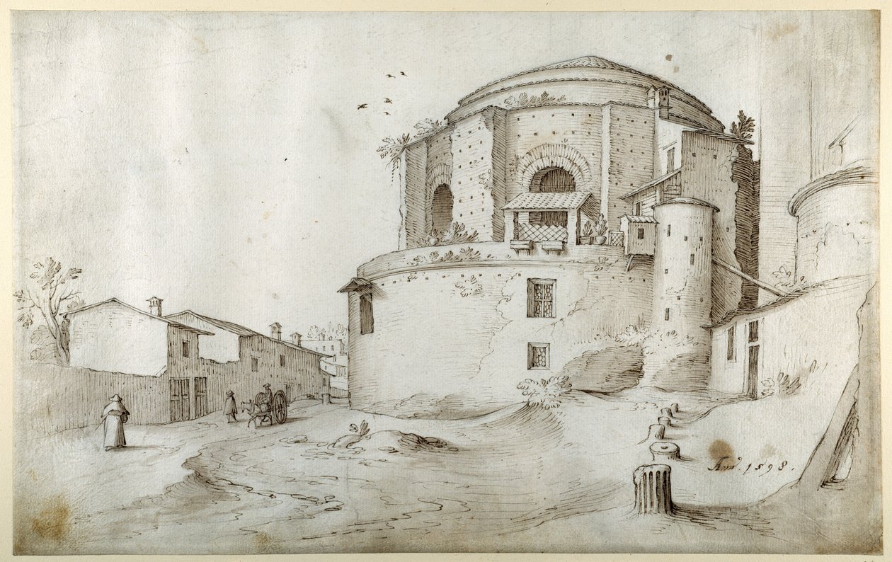 S. Maria della Febbre, a IV. Sixtus temetkezési kápolnával és a római Szent Péter-templom falával, jobbra (toll és barna tinta barna mosással, fehér papíron) alkotó: Sebastian Vrancx