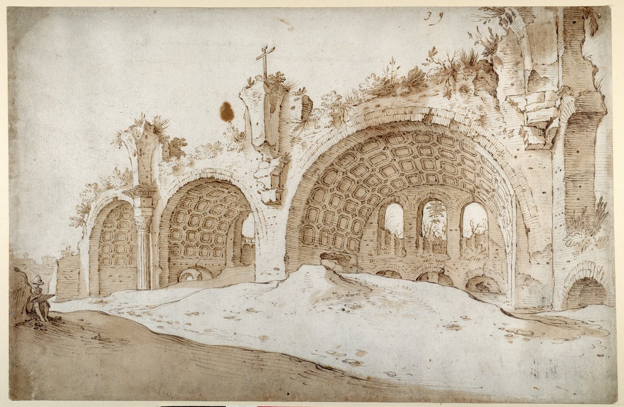 Konstantin és Maxentius bazilika (toll és barna tinta barna mosással fehér papíron) alkotó: Sebastian Vrancx