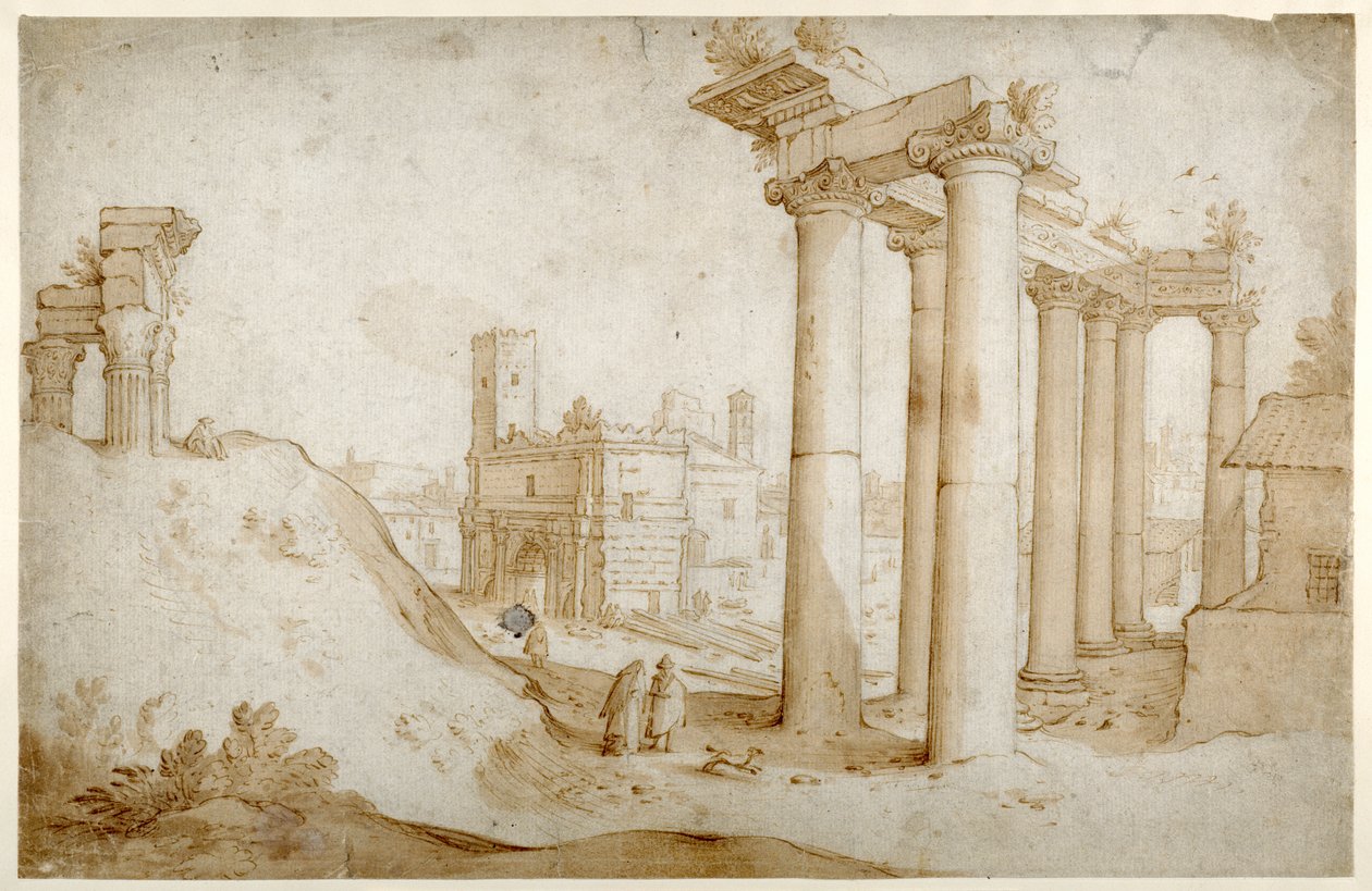 A Forum Romanum Titusz és Vespasianus templomával, Szaturnusz temploma és Septimius Severus íve (Toll és barna tinta barna mosással, papíron) alkotó: Sebastian Vrancx