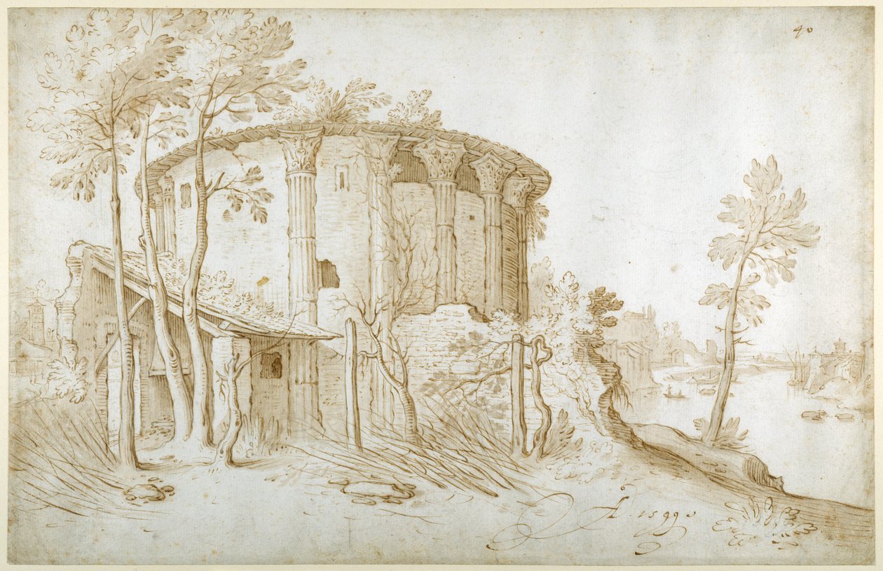 Vesta temploma a Forum Boariumban, északról nézve, a Tiberis jobbra, 1650 körül (toll és tinta mosással papíron) alkotó: Sebastian Vrancx