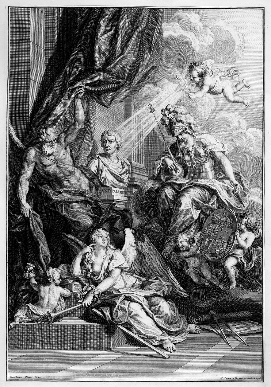 A. Palladio építészete, négy könyvben, Giacomo Leoni szerkesztésében, Bernard Picart metszete, 1715-ben jelent meg. alkotó: Sebastiano Ricci