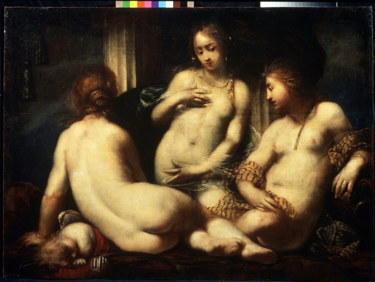 A három kegyelem. (A három grácia). Sebastiano Mazzoni (1611-1678) festménye, 1650 körül. Firenzei barokk stílusú művészet. Olajfestmény. Puskin Szépművészeti Múzeum, Moszkva alkotó: Sebastiano Mazzoni