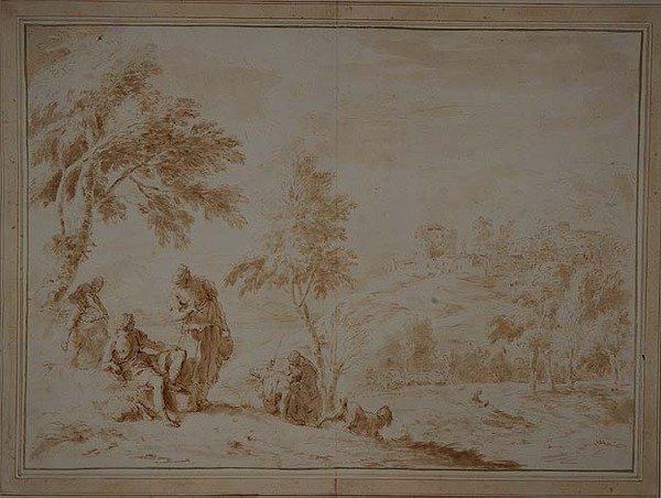 Kiterjedt lelkipásztori táj dombvárossal, 1720 körül (barna tinta és mosás) alkotó: Sebastiano Ricci