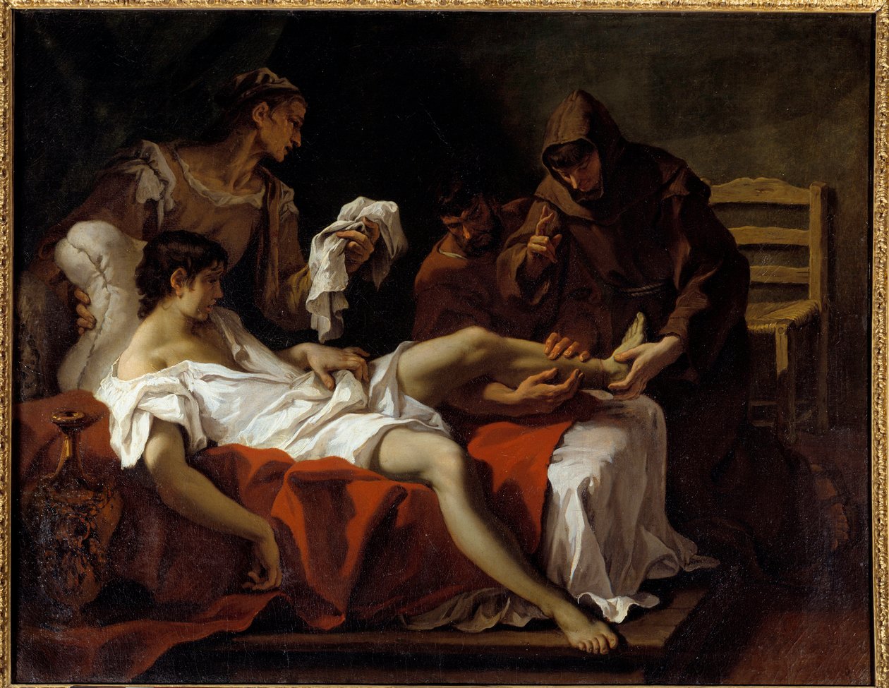Páduai Szent Antal (san antonio di padova) egy fiatal férfi ellen harcol, aki amputálta a lábát, hogy megbüntesse magát, amiért megütötte anyját Sebastiano Ricci (1659-1734) festménye alkotó: Sebastiano Ricci