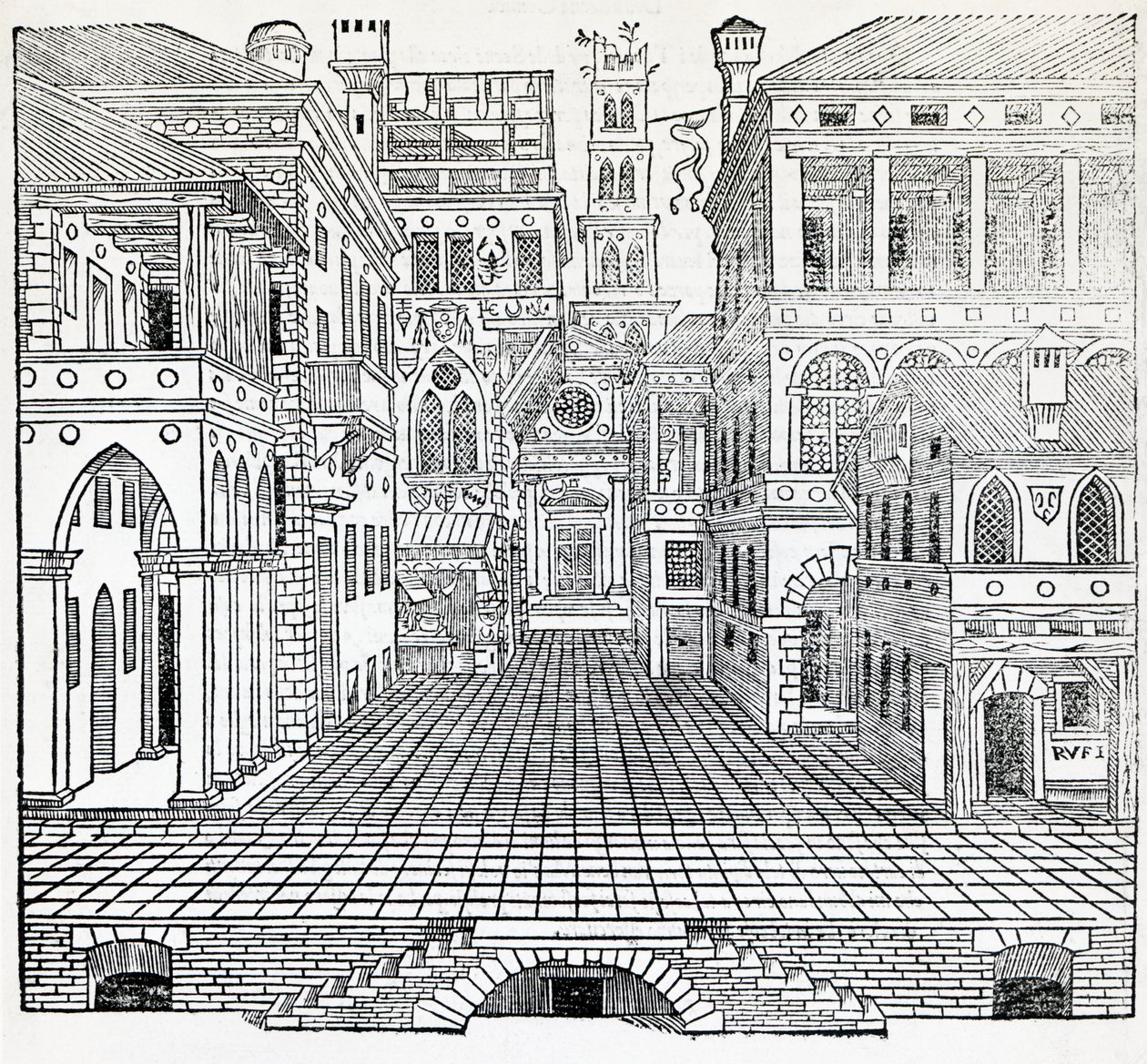 Varázsjelenet, színházi jelenettervező: Sebastiano Serlio (1475-1554), illusztráció az Építészetről szóló traktátusból, II. alkotó: Sebastiano Serlio