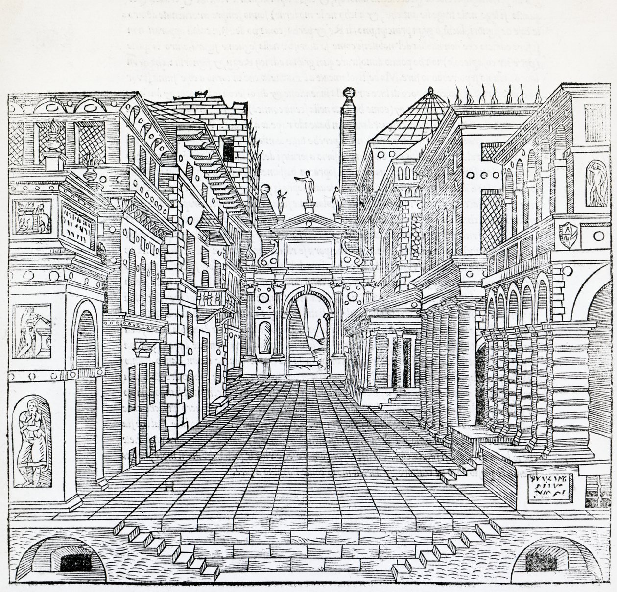 Varázsjelenet, színházi jelenettervező: Sebastiano Serlio (1475-1554), illusztráció az Építészetről szóló traktátusból, II. alkotó: Sebastiano Serlio