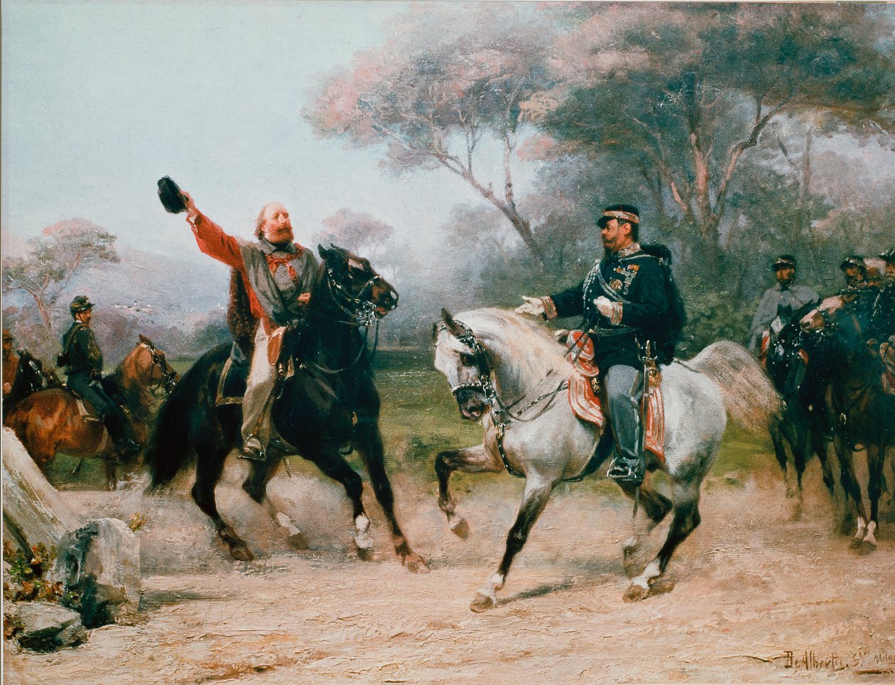 Giuseppe Garibaldi (1807-1882) találkozik Vittorio Emanuele II (Victor Emmanuel) (Victor-Emmanuel) Savoyából Teanoba. 1860.10.26. Sebastiano De Albertis (1828-1897) festménye 19. század milánói Museo del Risorgiment alkotó: Sebastiano de Albertis