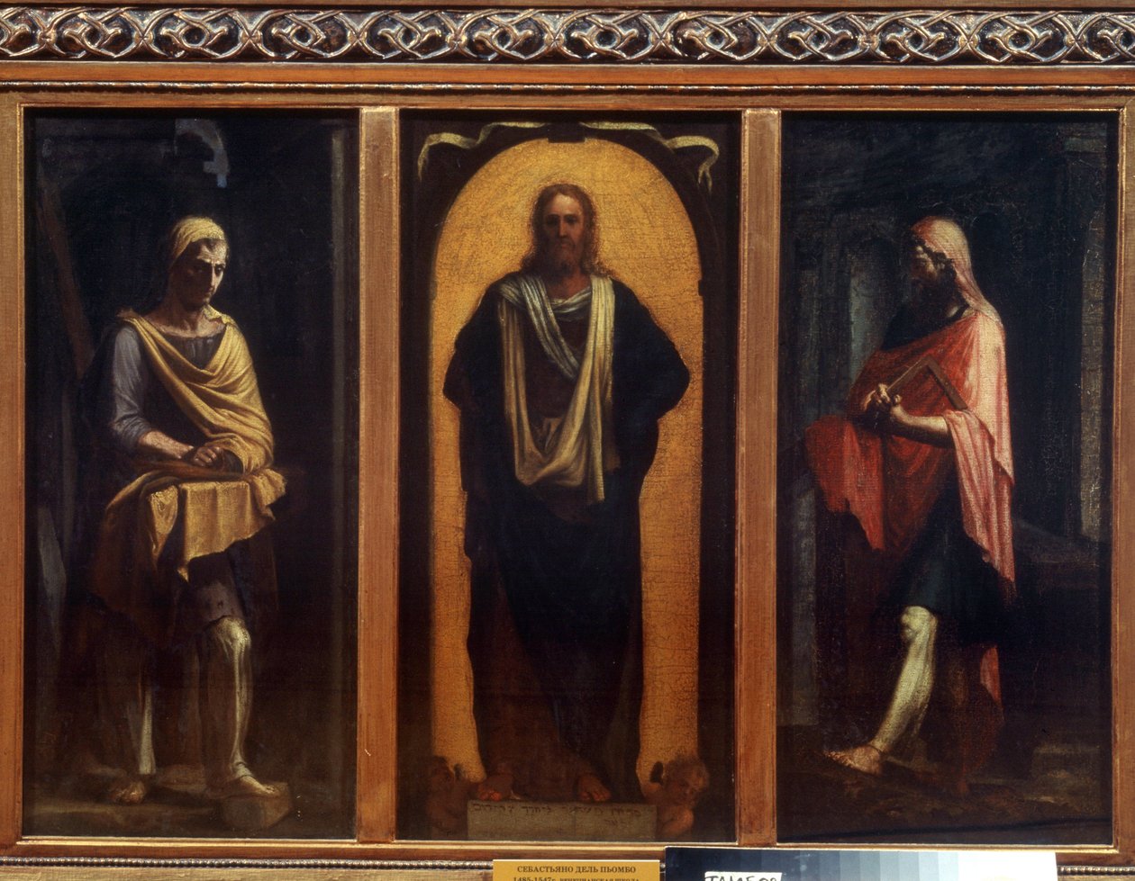 Krisztus két szenttel. Sebastiano del Piombo (1485-1547) festménye. Olajfestmény. Velencei művészet, reneszánsz. Regionális Művészeti Galéria, Tambov alkotó: Sebastiano del (c.1485 1547) Piombo