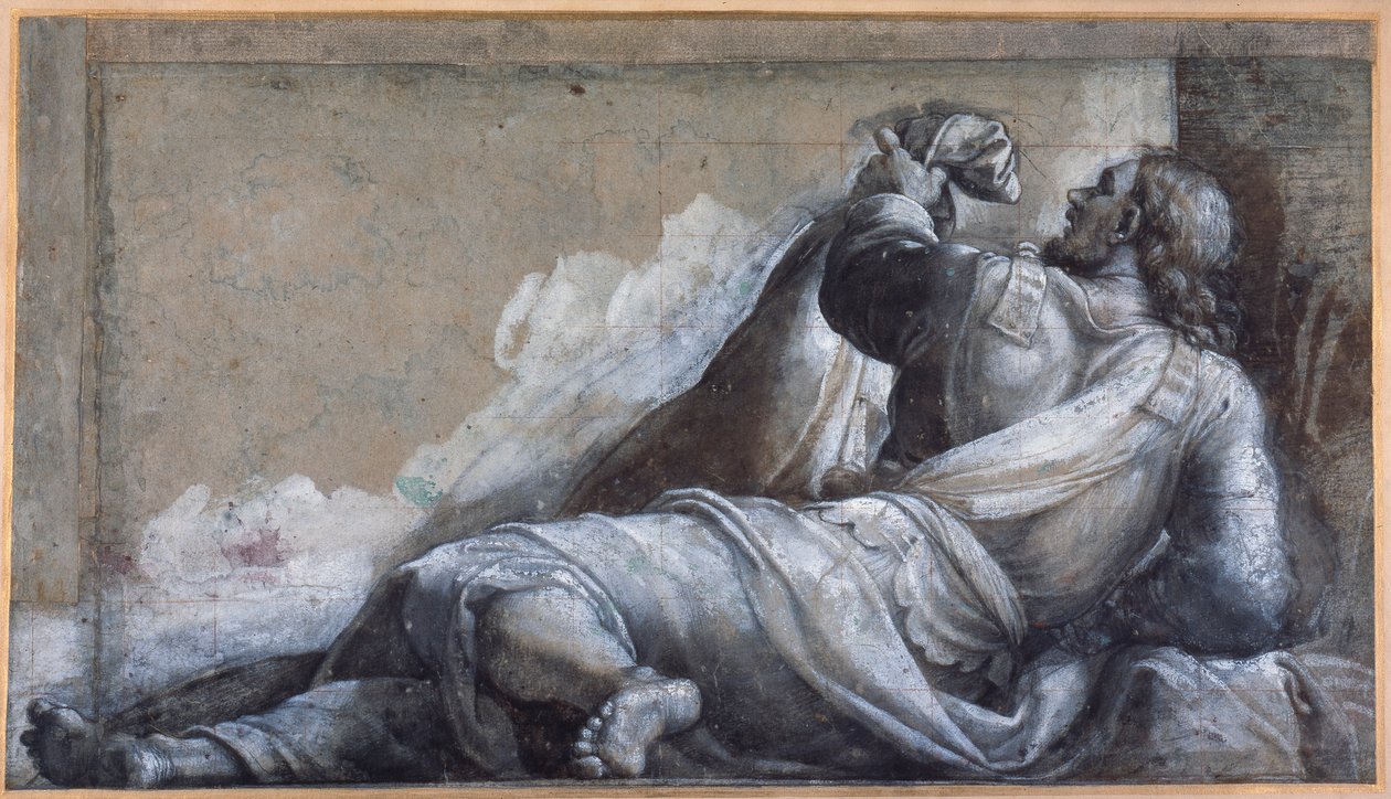 Fekvő apostol (fekete kréta barna mosással a carta azzurra) alkotó: Sebastiano del (c.1485 1547) Piombo
