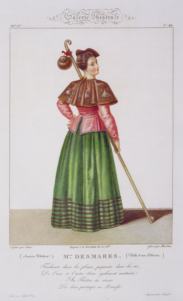 Mademoiselle Desmares a zarándok szerepében, 88-as tábla a Theatrical Gallery-ből, vésett Jean Prudhon (sz. 1778) pub. 1812-34 alkotó: Sebastien after Coeure
