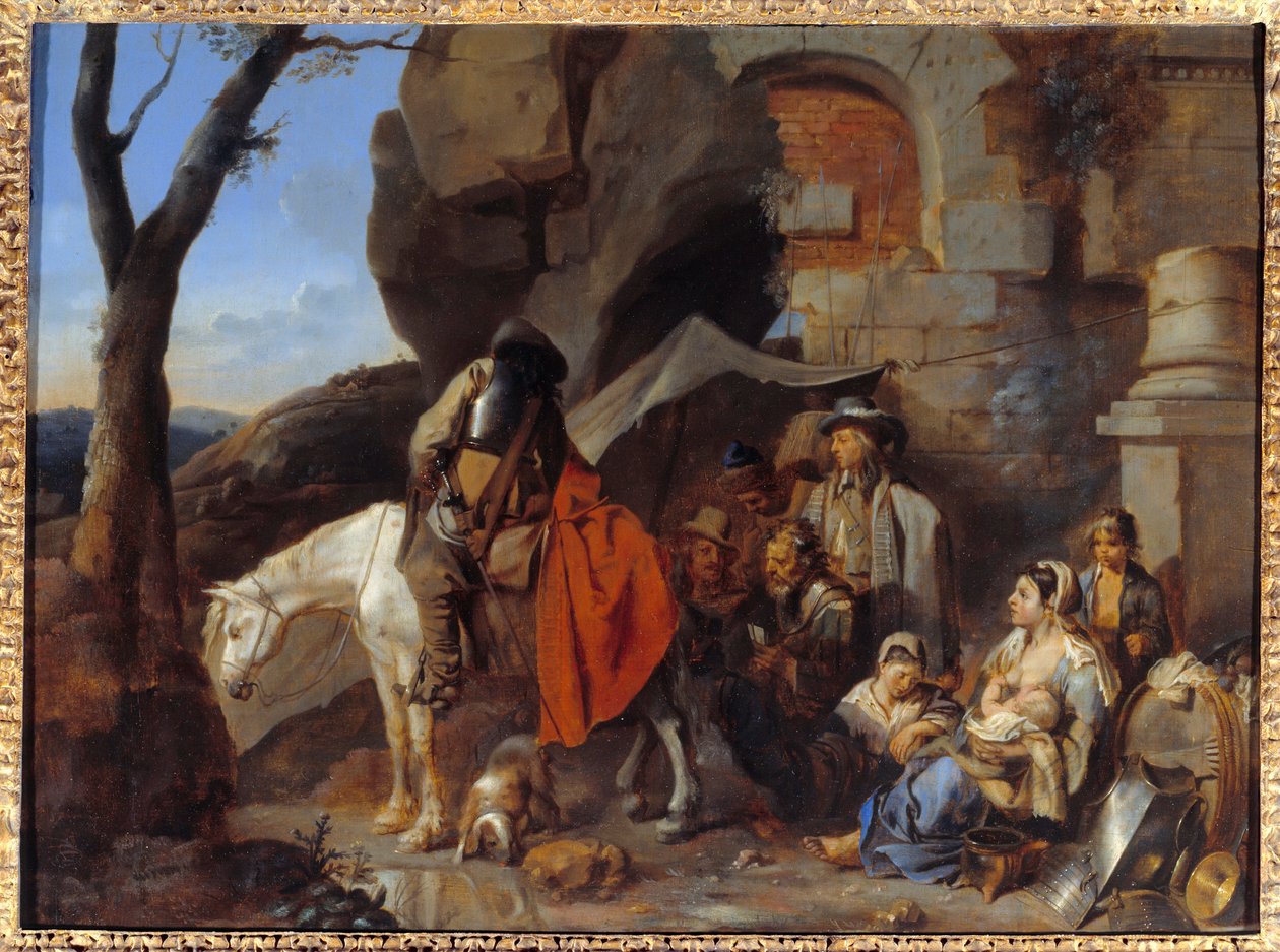 Katonák megállása, korábban Halte de bohemiens Sebastien Bourdon (1616-1671) festménye, 17. század V. 0,43x0,58 m alkotó: Sébastien Bourdon