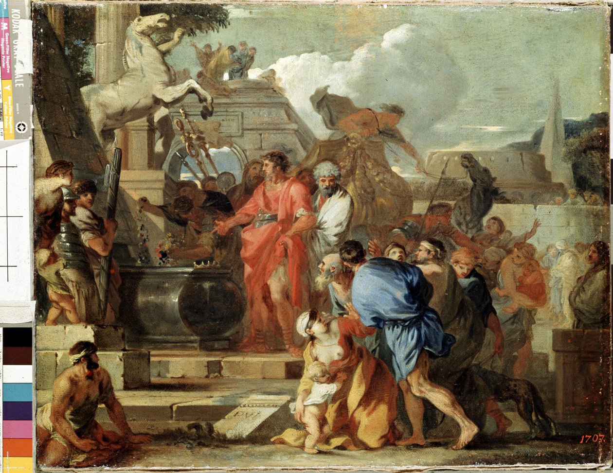 ""Augusztus császár meglátogatja Nagy Sándor sírját egyiptomi hadjárata során" (Augustus Nagy Sándor sírja előtt) Sebastien Bourdon (1616-1671) festménye 1650-1660 V. 45,5 x 56,5 cm Ermitázs Múzeum, Szentpétervár alkotó: Sébastien Bourdon