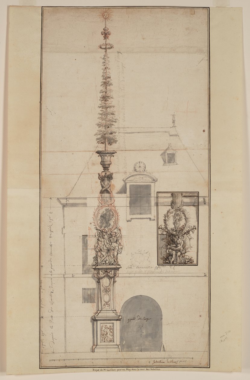 Projet de Mai des Gobelins permanent (recto) (fekete kréta, vörös kréta, toll, fekete és barna tinta, szürke mosás, két összeillesztett lapon) alkotó: Sebastien I Le Clerc