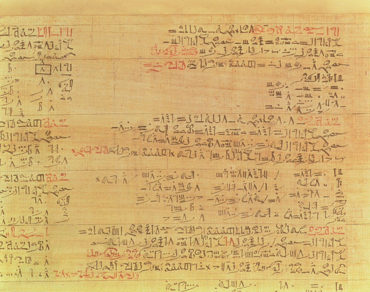 Rhindi matematikai papirusz részlete, Hikszosz-korszak, 15. dinasztia, Kr.e. 1550 körül papirusz lásd még 9712 alkotó: Second Intermediate Period Egyptian