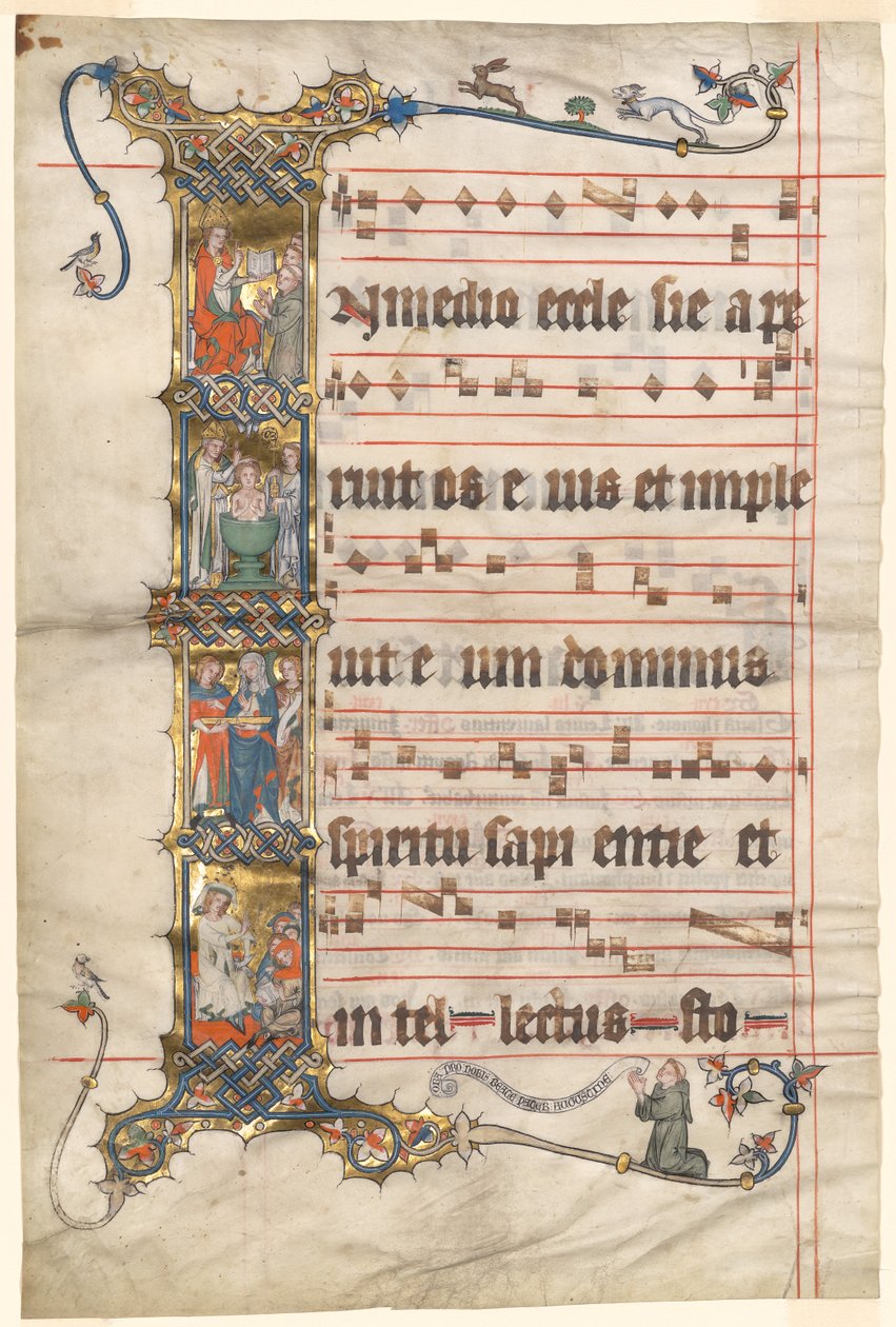 Levél a Wettinger Graduálból: Történeti kezdet (I) Szent Ágoston életének jeleneteivel alkotó: Second Master of the Wettinger Gradual