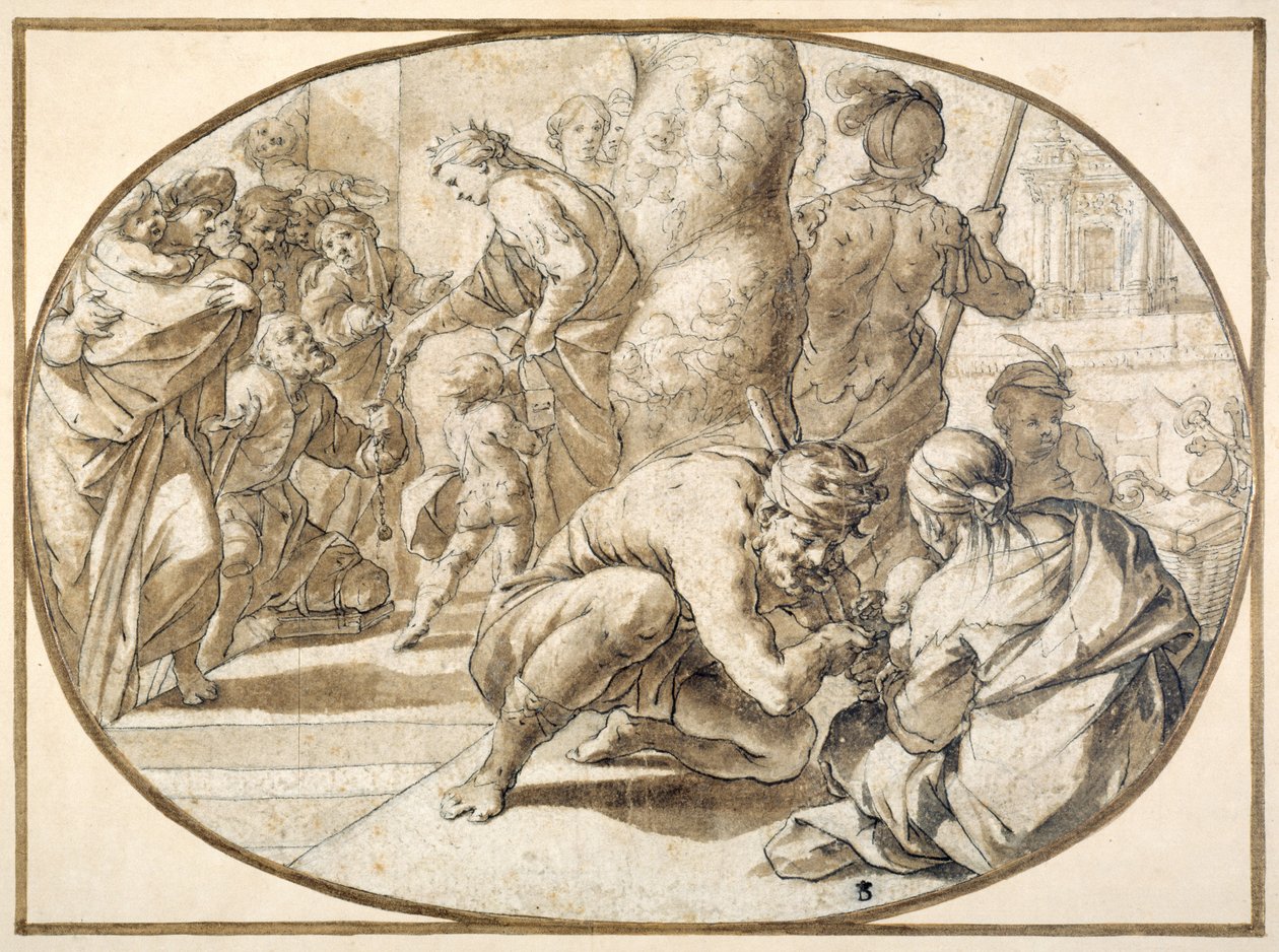 Egy királynő alamizsnát oszt egy nyomorék koldusnak a jeruzsálemi templomban, 17. század elején (toll és barna tinta barna mosással) alkotó: Second School of Fontainebleau
