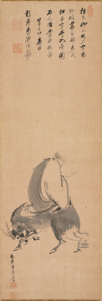 Vízibivalyon hátrafelé lovagló ember, 1687. alkotó: Sekkei Yamaguchi
