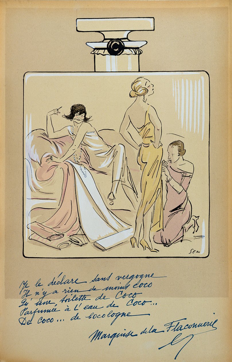 Coco Chanel (1883-1971) karikatúrája egy üveg Chanel No. 5-ben, a Le Nouvel Monde-ból, 1923 alkotó: Sem