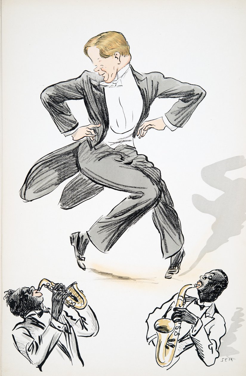 Fraktos és fehér nyakkendős úriember táncol két szaxofonos zenészre, a White Bottoms kocsmából. 1927 (színes blokknyomat) alkotó: Sem