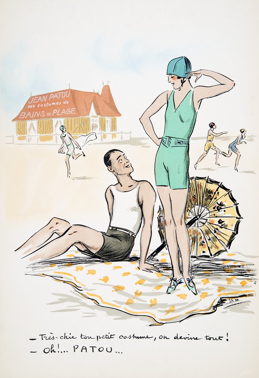 Jean Patou ses costumes de Bains ou Plage, from White Bottoms, pub. 1927 (colour block print) alkotó: Sem