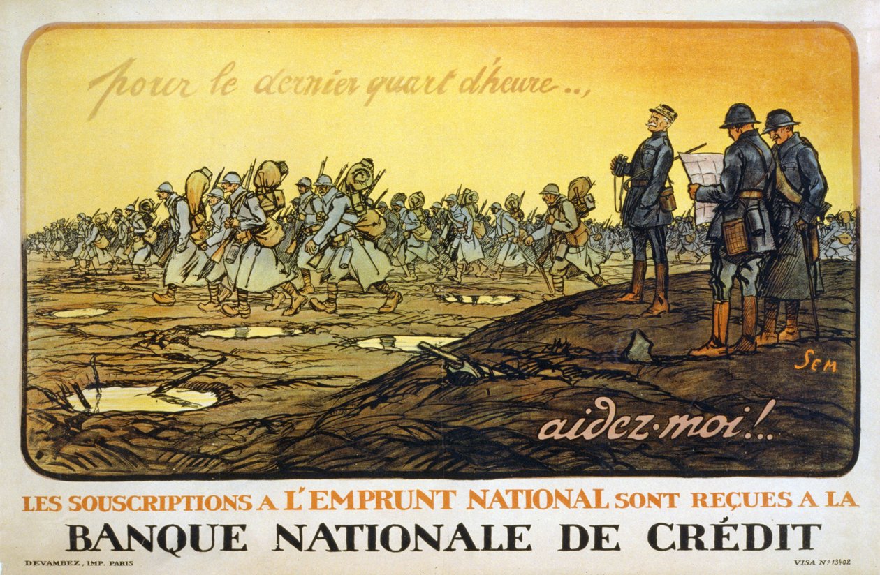 Az utolsó negyed órában .. segíts! A Nemzeti Kölcsön jegyzései a Nemzeti Hitelbankban, pub. Párizs, 1914 körül alkotó: Sem