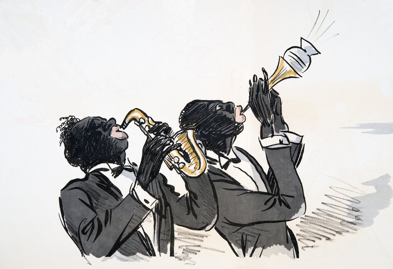 Szaxofon és trombitás, a White Bottoms, kocsma. 1927 (színes blokknyomat) alkotó: Sem