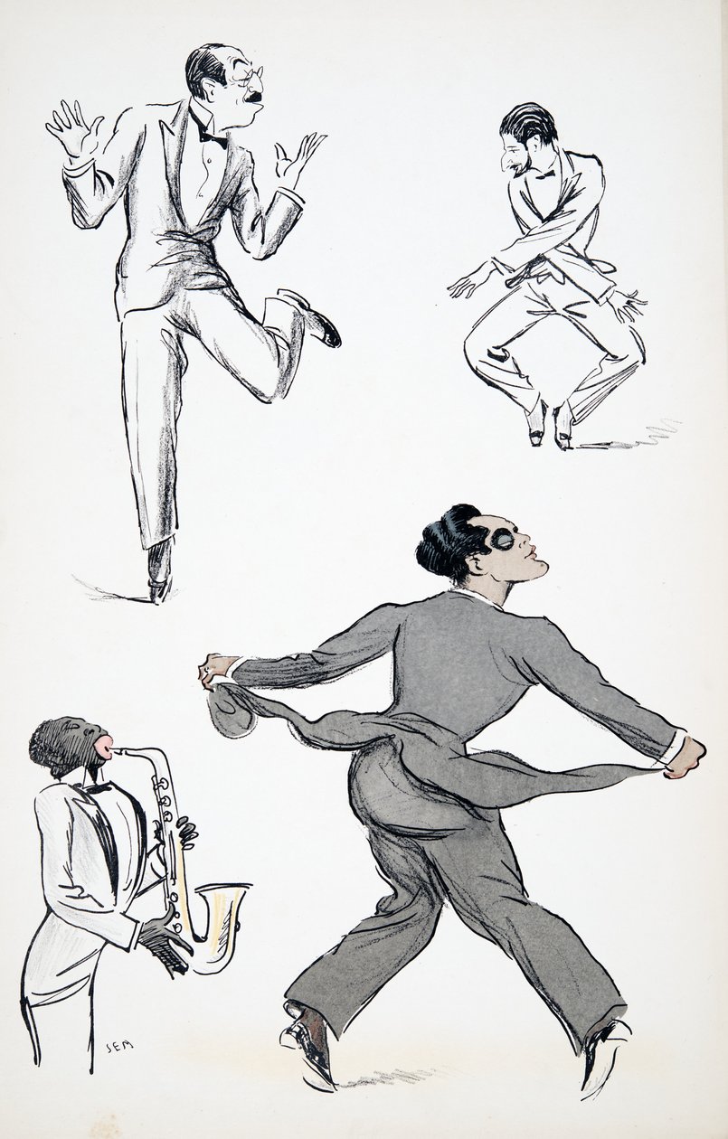Három fekete nyakkendős úriember lép fel a Charlestontól a szaxofonig, a White Bottoms kocsmából. 1927 (színes blokknyomat), a White Bottomstól, pub. 1927 (színes blokknyomat) alkotó: Sem