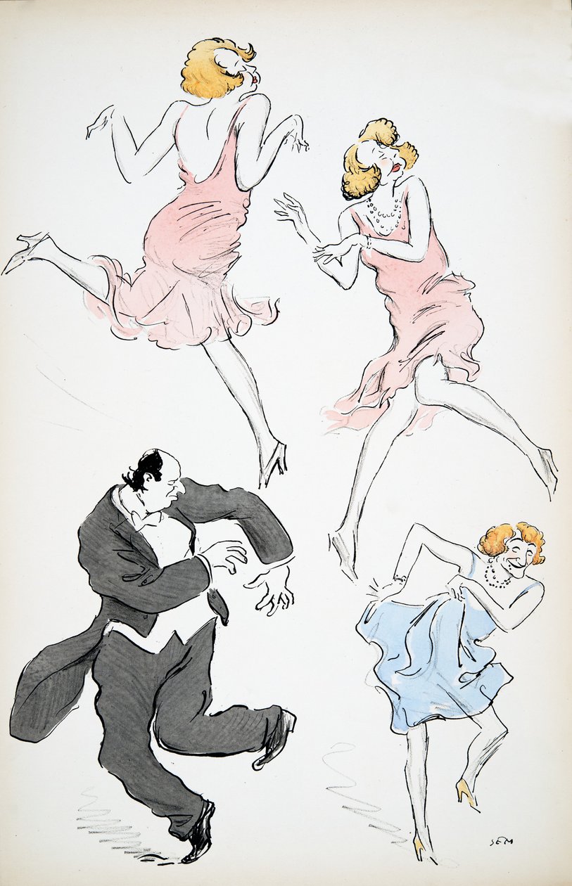 Három illusztráció kék és rózsaszín ruhás transzvesztitákról, akik egy nagyobb, fehér nyakkendős, frakkos úriemberrel táncolnak, a White Bottoms, pub. 1927 (színes tömbnyomat) alkotó: Sem