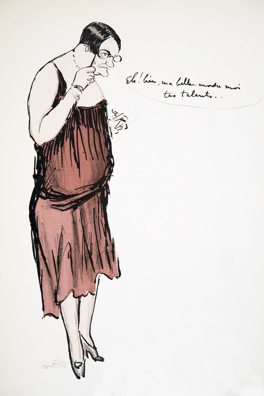 Transzvesztita piros ruhában Pince-Nez-el, a White Bottoms-tól, kocsma. 1927 (színes blokknyomat) alkotó: Sem