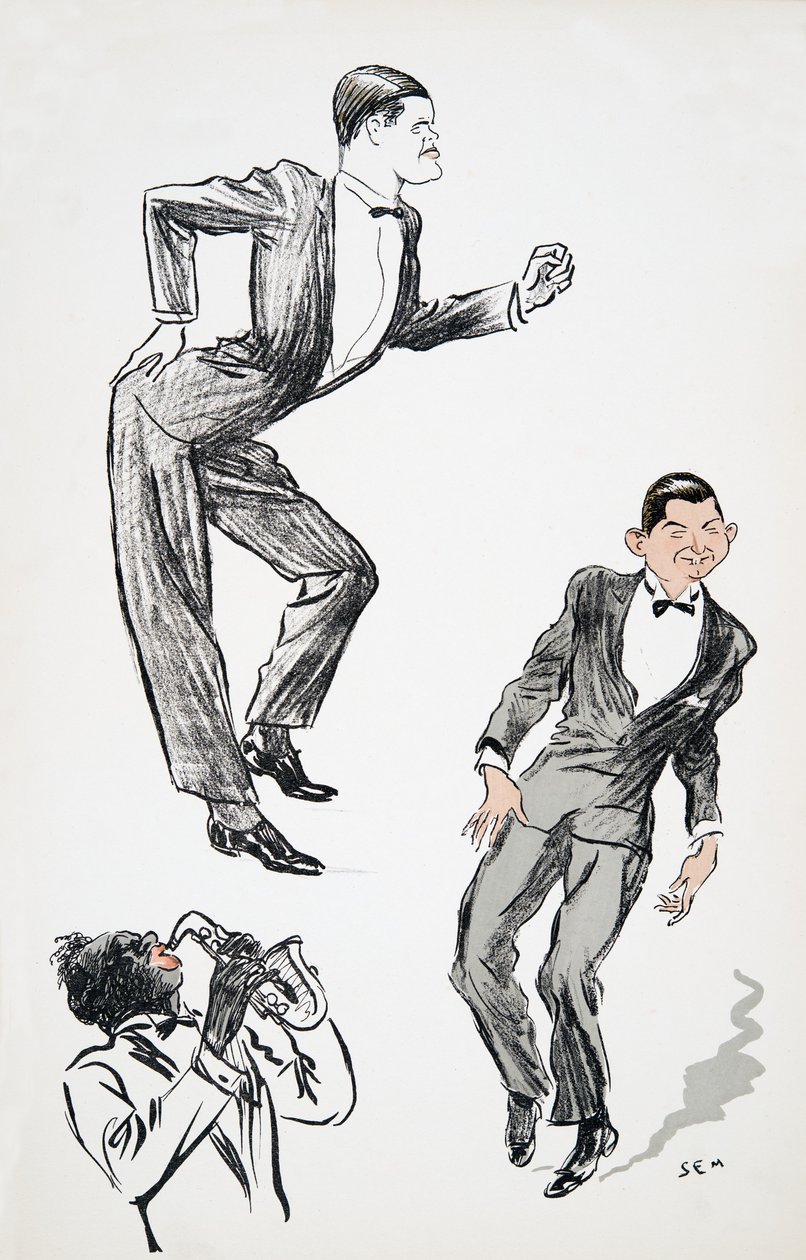 Két fekete nyakkendős férfi táncol egy zenészre szaxofonon, a White Bottoms kocsmából. 1927 (színes blokknyomat) alkotó: Sem