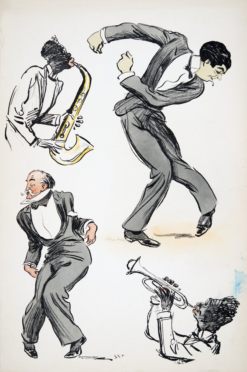 Két öltönyös férfi táncol, miközben két zenész szaxofonoz és trombitál, a White Bottoms kocsmából. 1927 (színes blokknyomat) alkotó: Sem