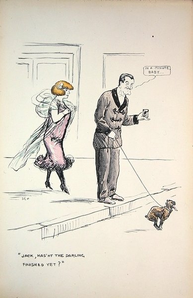 Pár arra vár, hogy egy kutya befejezze dolgát, 1921 körül (színes litó) alkotó: Sem