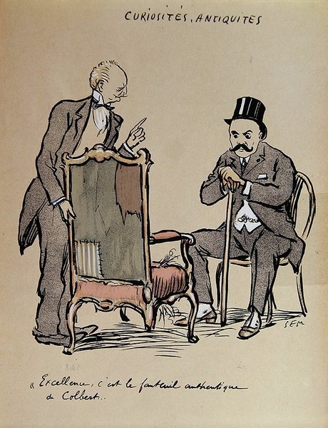 Gazdag műgyűjtő egy széket vizsgál, amely állítólag Colbert tulajdonában volt. 1919 körül (színes litó) alkotó: Sem