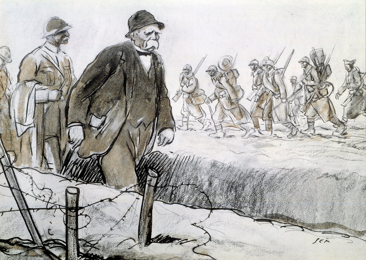 Első világháború: Clemenceau (1841-1929) portréja a frontra látogató burkolatban. Georges Goursat dit Sem rajza (1863-1934) alkotó: Sem