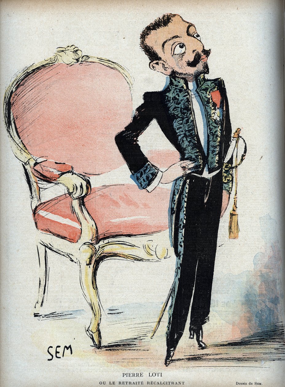 Pierre Loti (1850-1923) avagy a kelletlen visszavonulás - (a Francia Akadémia zöld ruhájában) - SEM (Georges Goursat) (1863-1934) karikatúrája a Le rire de 1898-ban - alkotó: Sem