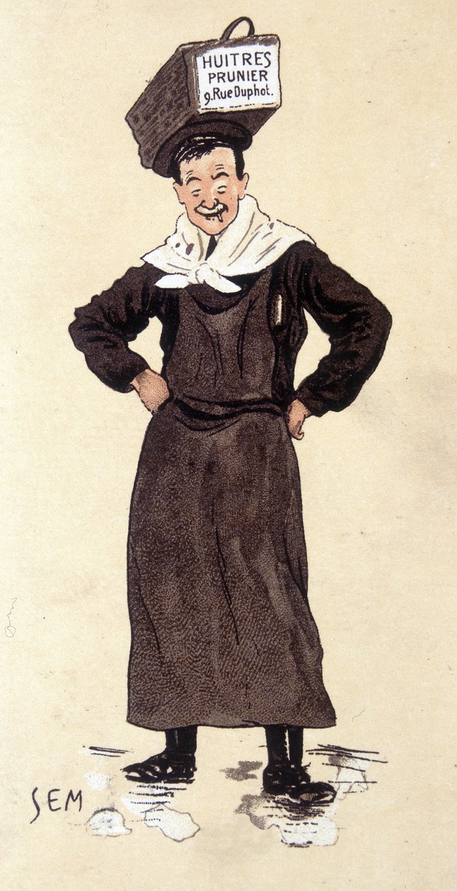 Osztriga eladó a Prunier üzletből. SEM aláírt kromolitográfia (1863-1934). alkotó: Sem