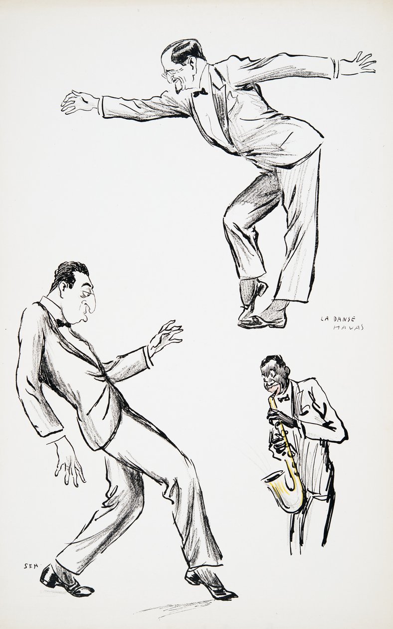 Két fekete nyakkendős úriember szaxofonra adja elő a La Danse Havast, a White Bottoms kocsmából. 1927 (színes blokknyomat), a White Bottomstól, pub. 1927 (színes blokknyomat) alkotó: Sem