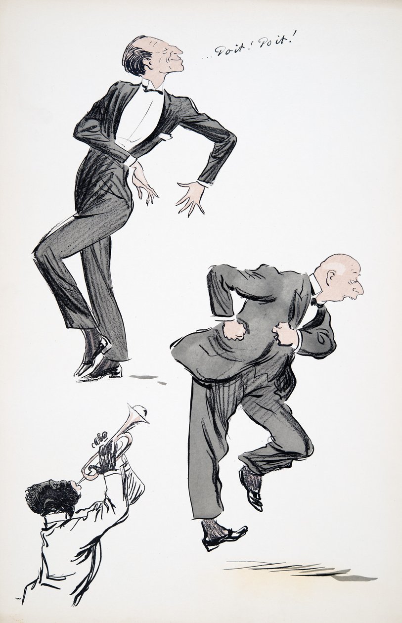 Két öltönyös férfi táncol, miközben egy zenész trombitál, a White Bottoms kocsmából. 1927 (színes blokknyomat) alkotó: Sem