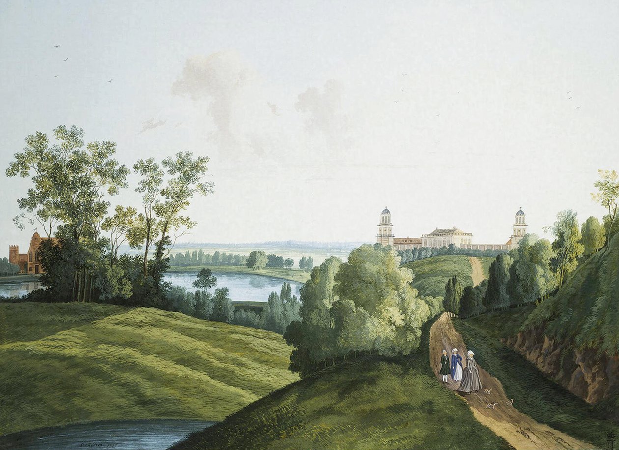 Szemjon Fjodorovics Scsedrin (Semion Chtchedrine) (1745-1804) ""Táj farmtal a Carszkoje Selo parkban"". Gouache és tinta papíron alkotó: Semen Fedorovich Shchedrin