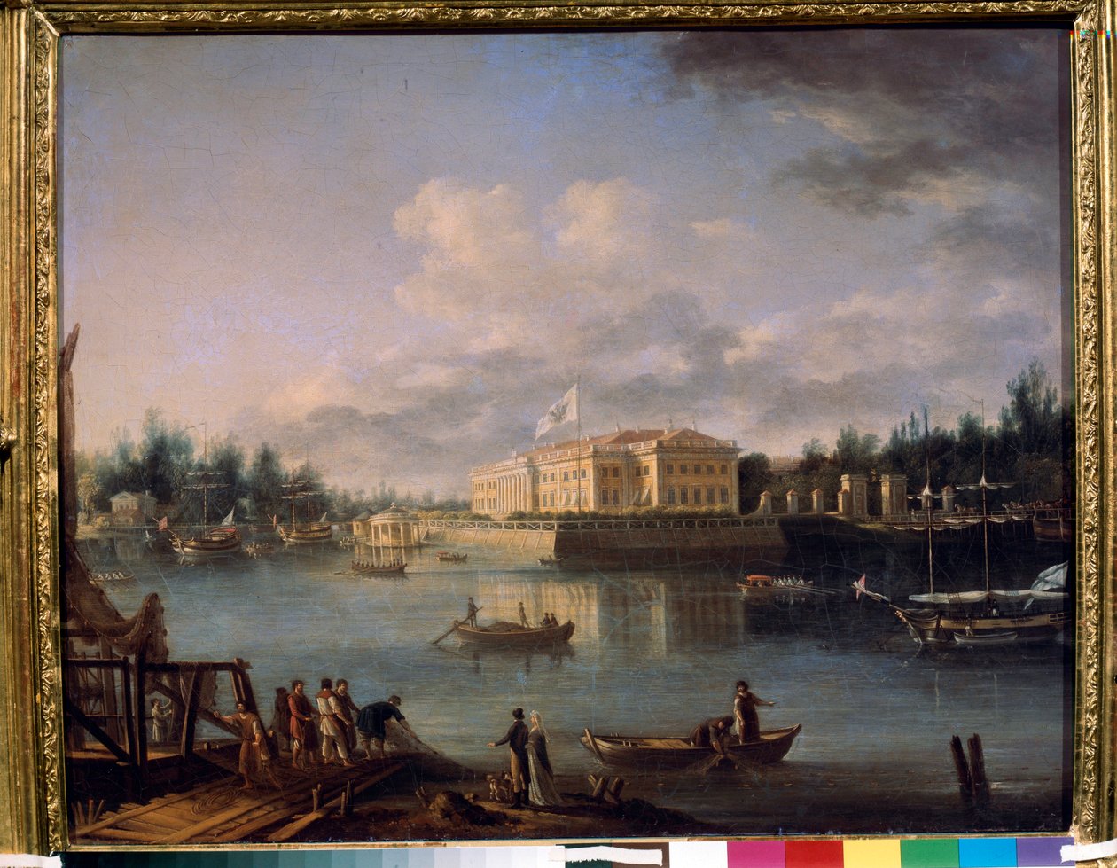 Kilátás a Kamennoostrovsky-palotára a Szentpétervári Strogonov rakpartról. Szemjon Fjodorovics Scsedrin (Szemion Scsedrin) (1745-1804) festménye, olaj, vászon alkotó: Semen Fedorovich Shchedrin