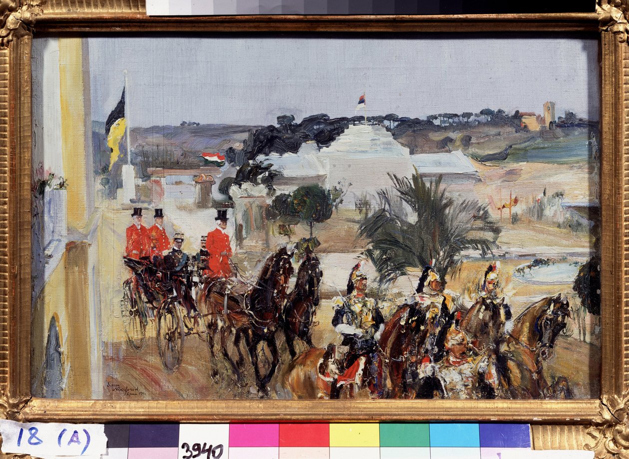 III. Savoyai Viktor Emmánuel (Vittorio Emanuele di Savoia) (1869-1947), Olaszország királya, az 1911-es Római Nemzetközi Kiállítás látogatása (III. Viktor Emmánuel, Olaszország királya az 1911-es Római Nemzetközi Kiállításon). A királyi konvoj előtt a alkotó: Semen Gavriilovich Nikiforov