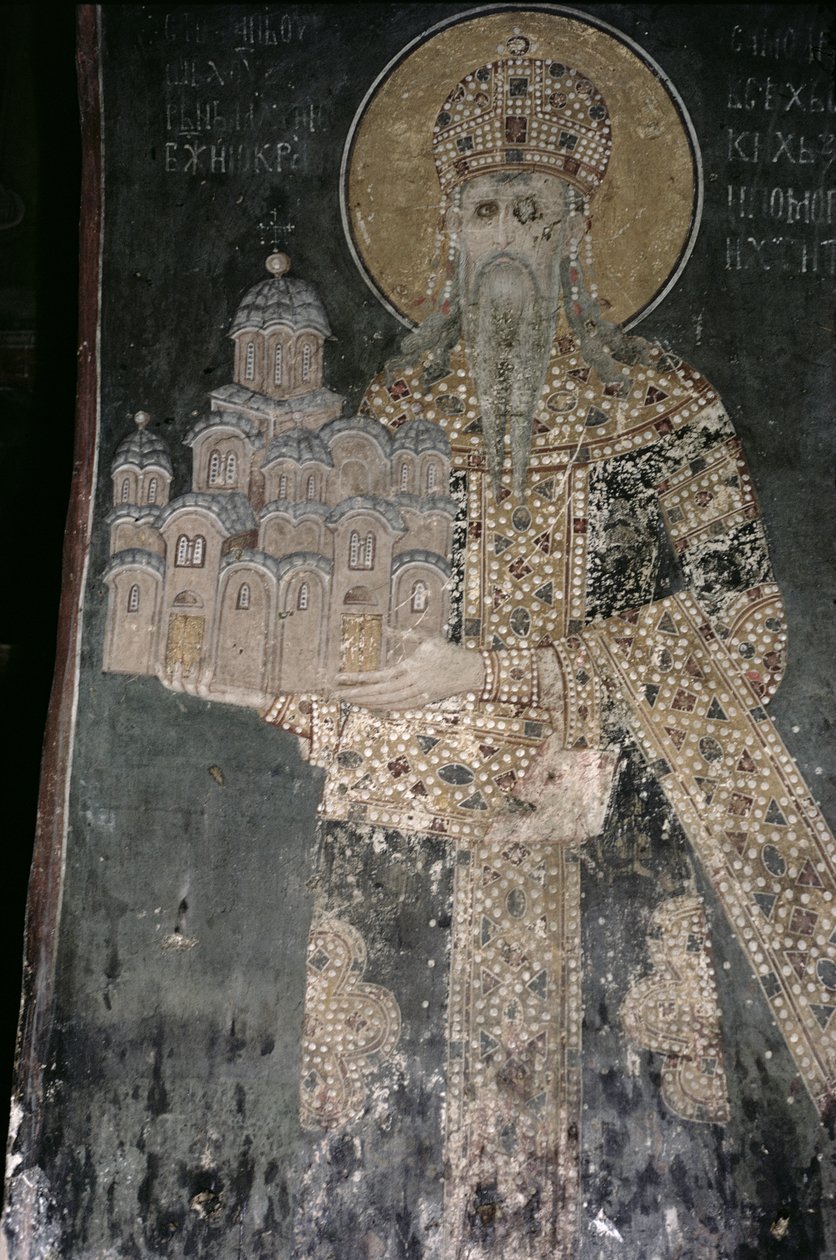 II. Milutin Uros István király (ur. 1282-1321) a templom makettjével, 1311-21 alkotó: Serbian School