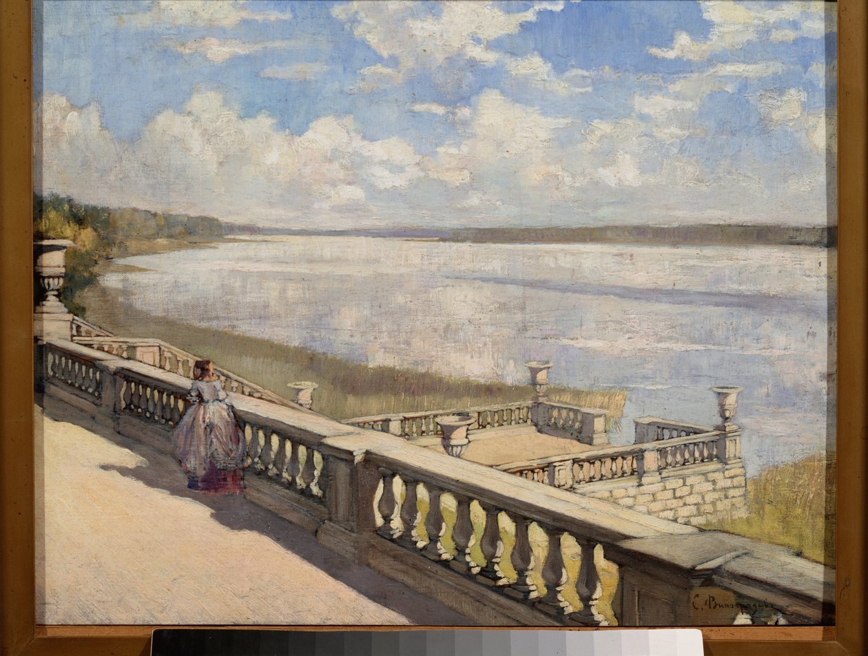 Napsütéses nap, Hölgy a balusztrádon – Szergej Arszenjevics Vinogradov (1869-1938) festménye, olaj, vászon alkotó: Sergei Arsenevich Vinogradov