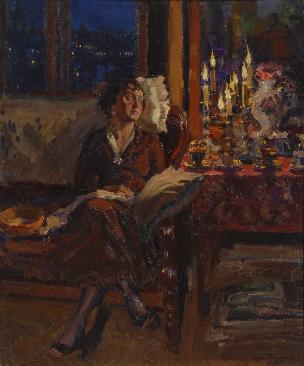Hölgy könyvvel egy belső térben, 1917 alkotó: Sergei Arsenevich Vinogradov