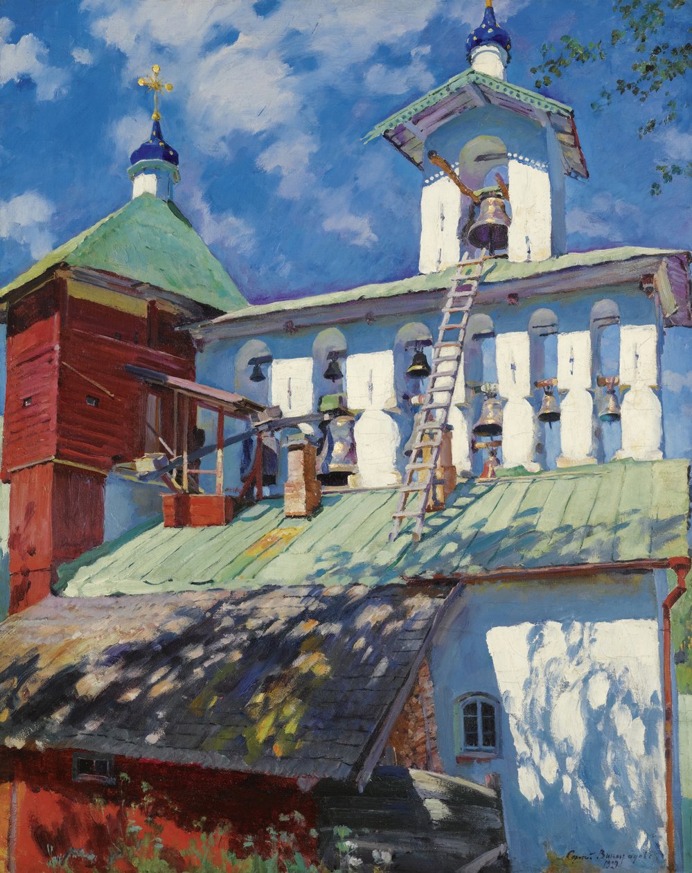 ""Kilátás a Pskov-barlangok kolostorának (Pszkov-Pechory Dormition Monastery vagy Pskovo-Pechersky) harangtornyáról Pechoryban, Oroszország"" (A Pskovo-Pechersky kolostor harangtornya) Szergej Vinogradov (1869-1938) festménye - 1929 - Olaj, vászon V 8 alkotó: Sergei Arsenevich Vinogradov
