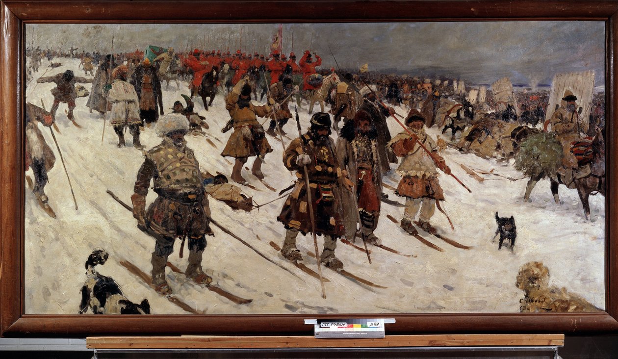 Campagne militaire des russes au 16e siecle; (Military Campaign of the Russian in the 16th Century). Guerriers russes chausses de skis avancant dans la neige. Peinture de Sergei Vasilyevich Ivanov (1864-1910), huile sur toile   1314071   hu       hungarian alkotó: Sergei Ivanovich Gribkov