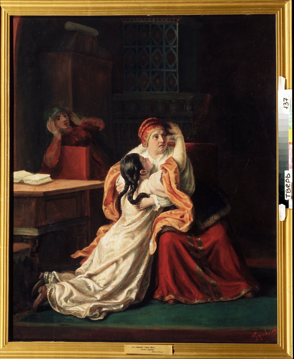 Kseniya Godunova cárnő (1581-1622) (Tsarevna Kseniya Godunova). Egy ijedt gyerek valakinek a karjába rohan. Szergej Ivanovics Gribkov (1820-1893) festménye, olaj, vászon, 19. századi orosz művészet. Regionális Művészeti Galéria, Tver (Oroszország) alkotó: Sergei Ivanovich Gribkov