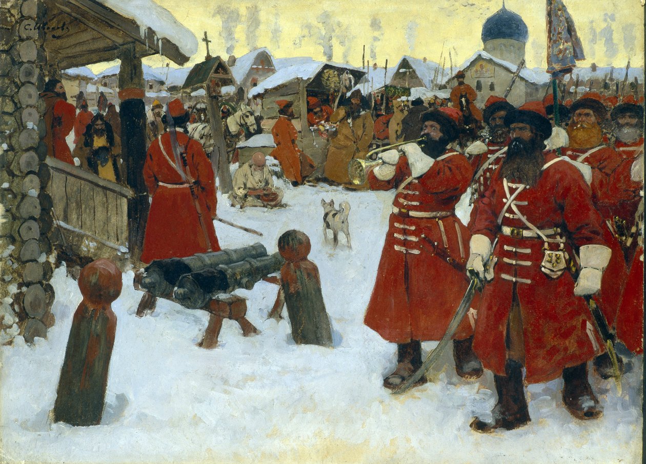 A strelcek (sztreletek) csapata - Szergej Vasziljevics Ivanov (1864-1910) festménye, olaj, vászon alkotó: Sergei Ivanovich Gribkov